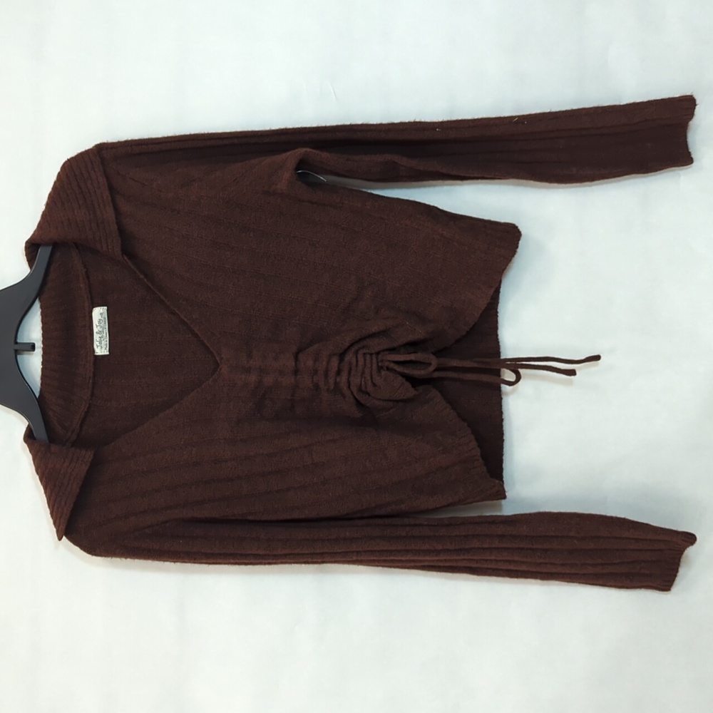 NWOT -Womens Long Sleeve Fashion V-Neck Collared Brown Gathered Crop Sweater